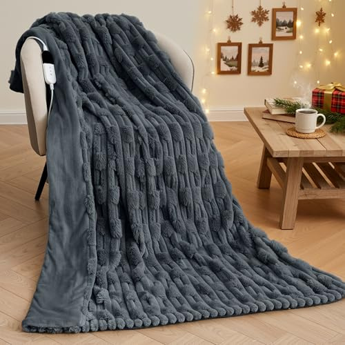 Manta Eléctrica 130x180cm, Vellón de Conejo con Textura de Bambú y Franela, 6 Niveles de Temperatura, Apagado Automático 1-10 Horas, Lavable a Máquina, Cama, Sofá, Oficina (Gris, 130 X 180 cm)
