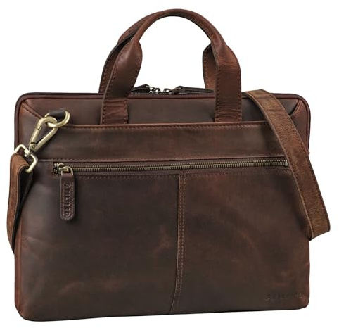 STILORD Ross Vintage Sacoche Ordinateur 14 Pouces Homme Cuir Véritable Étroit Housse Ordinateur Cuir Femme Serviette pour Travail Business Voyage Couleur:Zamora - Marron