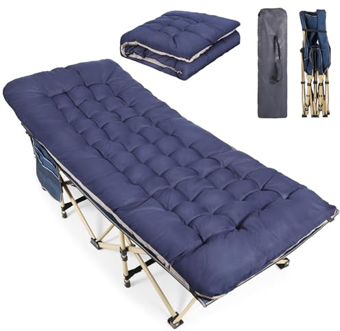 REDCAMP Folding Camping Beds for adults, Heavy Duty Sturdy Camp Bed with Thick Mattress, Stronge Thicker Tubes Sleeping Cot Outdoor Travel Office with Thicker Pad,Blue Bed+Blue Mattress
