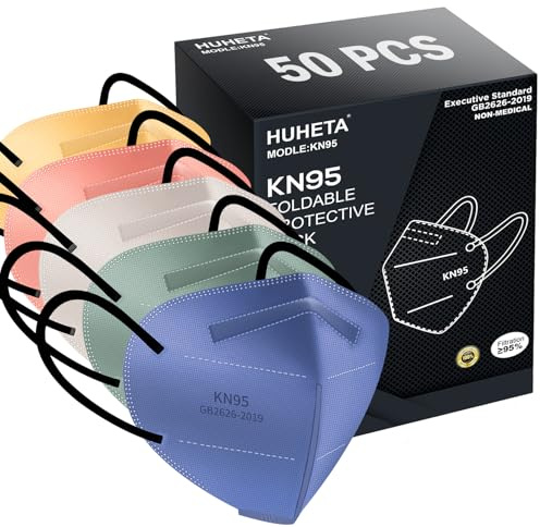 HUHETA 50 Packs KN95 Face Mask 5-Ply Breathable & Comfortable Filter Safety Mask (50PCS-MTC I Color)