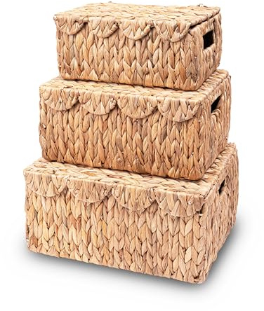 LUSYDECO Set of 3 Scalloped Edge Wicker Basket with Lid, Rectangle Wicker Storage Basket with Built-in Handles, Multipurpose Organizer Rattan Display Boxes for Shelf, Nursery Room