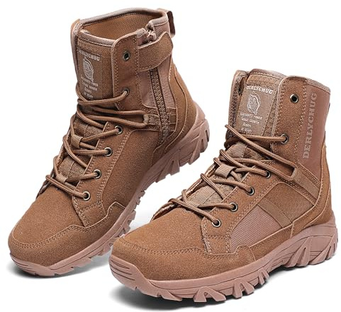 derlychug Men's Tactical Military Combat Boots Zipper Lightweight Outdoor Hiking Walking Trekking Shoes Desert Waterproof Slip-Resistant for Casual Mountaineering(Coyote,44)
