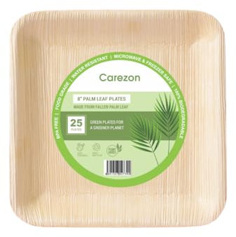 Carezon Areca Palm Leaf Plates Pack of 25x 8 Inch Large Sqaure,Eco-Friendly, Disposable, Microwave & Freezer Safe, Compostable Like Wooden, Bamboo Paper Plates for Hot Food, Wedding Picnic Parties