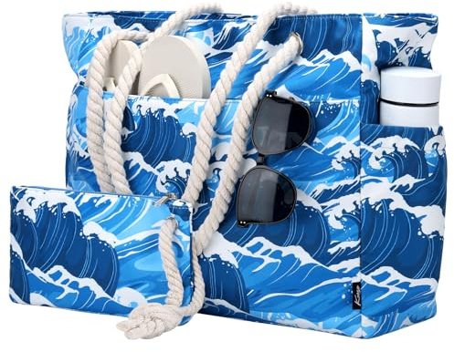 Kasgo Bolsa Playa Grande XXL Impermeable con Bolsillo Externo + Billetera 2pcs Set, para Verano, Viajes, Diario y Trabajo