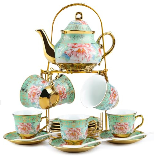 Tea Cups and Saucers Set of 6, Porcelain Tea Set with Metal Stand, 700ML Teapot,160ML Teacup, European Ceramic Tea Sets for Adults Women Tea Party, Wedding Gift, 20-Piece