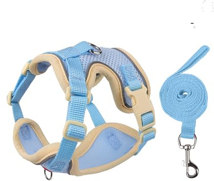 Muejjur Cat Harness and Leash Set for Walking – Escape-Proof Reflective Vest for Cats and Small Dogs, Adjustable Soft Air Mesh with Pressure-Reducing Design, 4.92ft (Light Brown & Blue, XL)