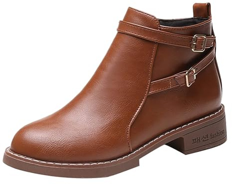 Stövletter dam med klack läder korta stövlar | dragkedja på sidan platt halvstövlar ankelstövlar | eleganta halkfria korta skaft stövlar läderstövlar för kvinnor | Chunky Heel damstövlar, BRUN, 38 EU