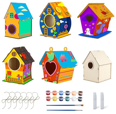 QITIXI:OU Lot de 6 nichoirs à oiseaux en bois pour enfants, à peindre, avec forme de couleur, bricolage, construction et peinture, kit de bricolage, mangeoire à oiseaux, jouets cadeaux