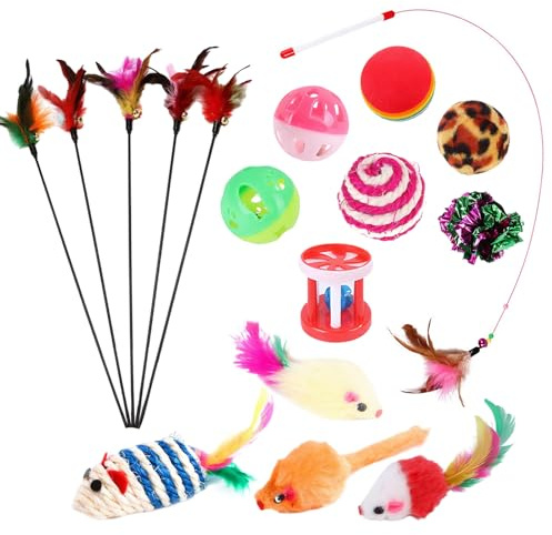 KEORHEZ Jouets pour Chats 20 Pièces Canne a Peche Chat Kit De Jouets Interactifs pour Chats Souris pour Chat Oiseaux à Clochettes Plume Jouet Chaton