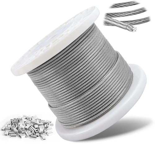 100M Cuerda de alambre, 4mm cable de acero inoxidable 304 con Revestimiento PVC Transparente, núcleo 7x7 hilos, resistencia 550 kg, incluye 100 abrazaderas de aluminio, ideal para plantas trepadoras