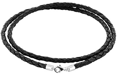Auroris Geflochtene Echtleder-Kette schwarz Dicke 3mm mit Karabinerverschluss aus 925 Sterling-Silber Länge: 45cm