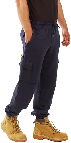 SITE KING Mens Cargo Work Tracksuit Jogging Bottoms with Knee Pad Pockets | Fleece-lined cargo work joggers with combat styling and built-in knee pad pockets for active trades