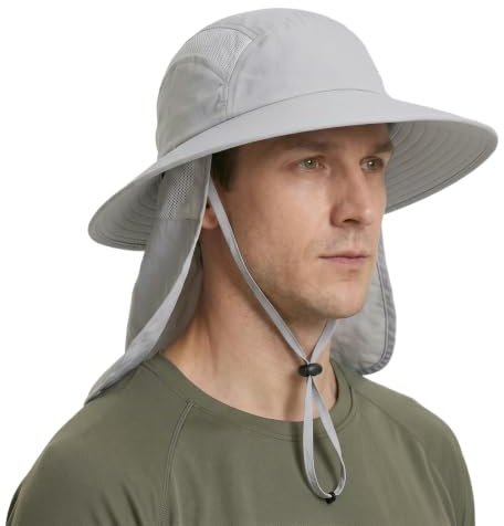 Home Prefer Mens Sun Hat UPF 50+ Sun Protection Cap Wide Brim Fishing Hat with Neck Flap Beach Gardening Bucket Hat (Light Gray)