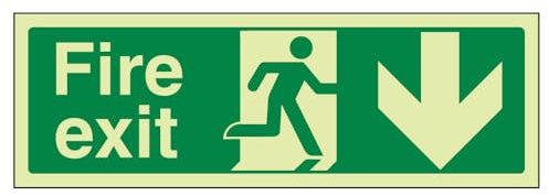 V Safety 14002AX-GS Glow In The Dark Fire Exit Arrow Down Sign - 300mm x 100mm - Self Adhesive Vinyl
