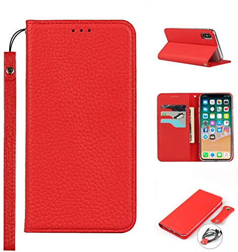 Copmob Coque iPhone XS Max avec Cordon,Cuir véritable Flip Portefeuille Étui en Cuir,[3 Porte Cartes][Fermeture magnétique][RFID Blocker],Housse Case pour iPhone XS Max - Rouge