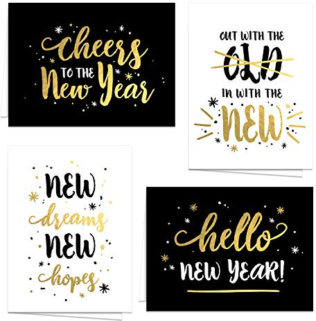 Canopy Street Modern Black And Gold New Year Greeting Cards / 24 Winter Holiday Cards With White Envelopes / 4 5/8 x 6 1/4 Faux Foil Cards / 4 Festive Designs