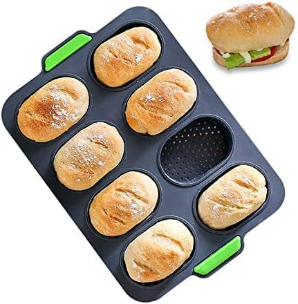 RoseFlower Silicone Bread Tin for Baking, Non-Stick Loaf Tin Silicone Baguette Baking Tray with Handle for Baking Loaves, French Breads, Breadstick, Bread Rolls (8 Grid, Grey)
