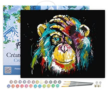 Figured'Art Peinture par Numéro Adulte avec Cadre - 40x50cm Toile tendue sur Châssis - Kit Loisir Créatif Détente - Déco DIY - Babouin pop art