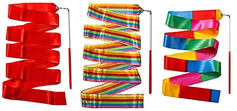 Hsthe Sea 3 Stück Tanzbänder, Gymnastikband, Regenbogen-Luftschlangen für Kinder, Sterne Luftschlangen Rhythmische Tanz mit Twirling Rod Streamer Baton Art (Rot + Nähte + Bunt)