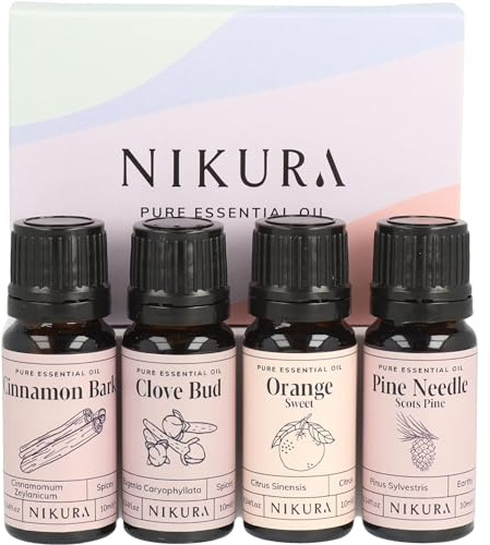 Nikura Christmas Essential Oil Gift Set - 4 x 10ml | Essential Oils for Diffusers for Home, Aromatherapy, Clean Home | Cinnamon, Clove, Sweet Orange, Pine Needle | UK Made