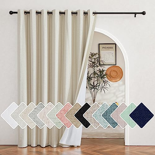 NICETOWN 100% Blackout Curtain for Sliding Glass Door, 100x84 Sliding Door Curtain with Linen Look, Completely Blackout Thermal Insulated Drape for Patio, Living Room (Natural, 1 Panel, 100 Width)