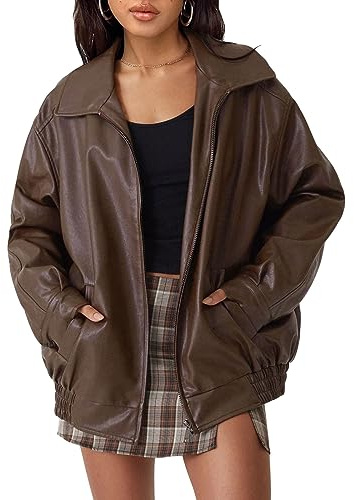 AUTOMET Women's Oversized Faux Leather Jacket - Fall Motorcycle Style Coat with Zipper Closure Brown XL