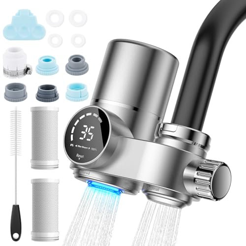 Wothfav Wasserfilter Wasserhahn mit 2 Filtern, LED-Anzeige, Aktivkohle zur Entfernung von Chlor und Schwermetallen sowie UV-Sterilisation, geeignet für Küche, Haustiere, Reisen und Wohnmobile