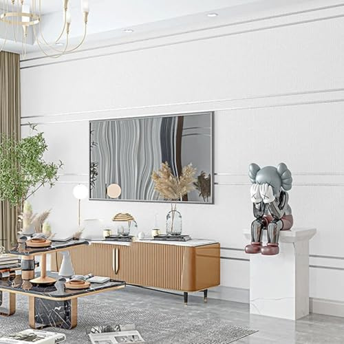 Tokenhigh Nordic Modern Wallpaper Non-Woven, Deerskin Suede Wall Paper with Horizontal Stripes, Non-Pasted 3D Wallpaper Roll, Minimalist Background for Living Room Bedroom Kitchen(Silver White)