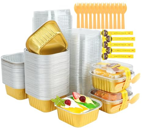 RETON Lot de 100 moules à muffins carrés en feuille d'aluminium de 5 oz avec couvercle - Avec 100 autocollants et cuillères - Pour cupcakes, muffins, desserts (doré)