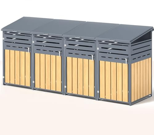 YORKING Metal Wheelie Bin Storage for 120-240 Litre, (W) 284 x (D) 85 x (H) 130.5 cm, Wood Grain Design Galvanized Steel Bin Shed, Outdoor Bin Cover With Lockable Door for Backyard, Patio, Garden