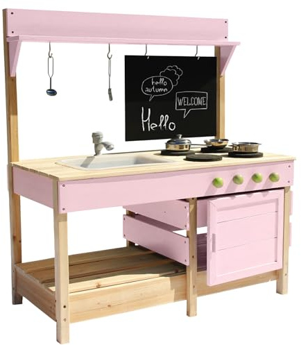 Mud Kitchen Playset for, Outdoor Wooden Toy Play Kitchen Set for Boys and Girls, Kitchen Accessories and Garden Sink, Outdoor Toy for Kids (Pink)