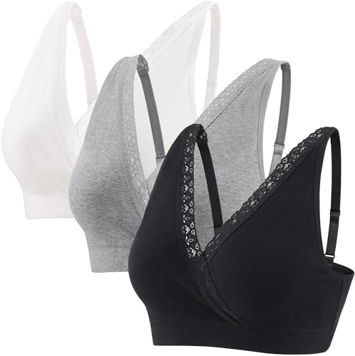 ZUMIY Reggiseno per Allattamento Gravidanza per Dormire Top, Reggiseno in Cotone Spalline Regolabili (IT, Testo, XL, Regular, Regular, Black+Grey+White/3pack)