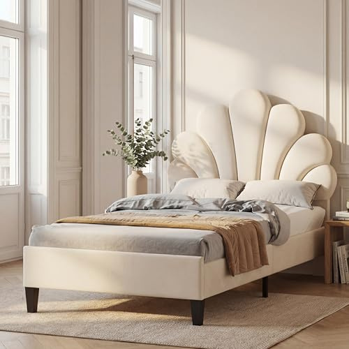 BPKADHY Cama tapizada individual de 90 x 200 cm, cama infantil con somier, cama con cabecero ajustable en forma de flor, cama juvenil con funda de tela de terciopelo, beige, sin colchón