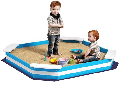 AIYAPLAY Bac à Sable en Bois, bac à Sable pour Enfants 3-6 Ans avec 4 sièges, avec Doublure de Fond, 133 x 133 x 16 cm, Bleu