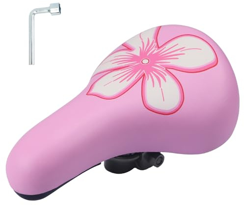 Selle de vélo pour enfant – Siège de vélo extra doux et imperméable pour garçon/fille – Rembourrage antidérapant, large coussin de vélo Dual Shock pour VTT de 12 14 16 18 20 pouces (grande fleur rose)