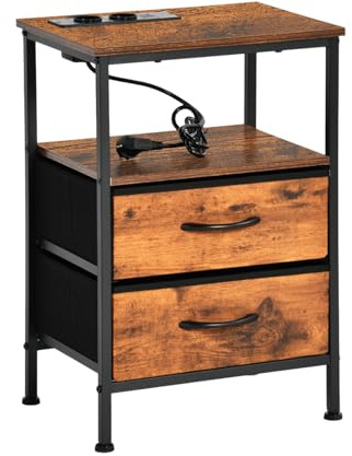EGGREE Smart sängbord med laddningsfunktion, sängbord med lådor, smart nattduksbord med 2 USB-portar och 2 uttag, sidobord vardagsrum, sovrum, kontor, brun retro