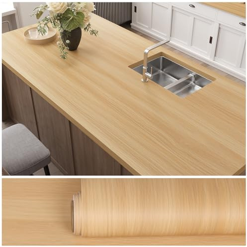 VEELIKE Papier Peint Imitation Bois clair Papier Adhesif pour Meuble Bois Jaune 40 cm × 300 cm Revetement Plan de Travail Cuisine Lavable Papiers Peints Chambre Salon Stickers Porte Placard Armoire