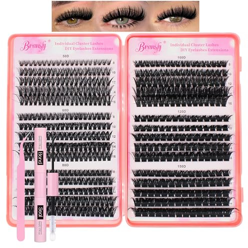 Bransfy Lash Clusters Kit 50D 60D 80D 100D 120D 150D Eyelashes Clusters Kit 8-16mm Individual Lash Extension Kit D Curl Fluffy False Eyelashes with Tweezer Bond and Seal DIY at Home (Kit 50D-150D)
