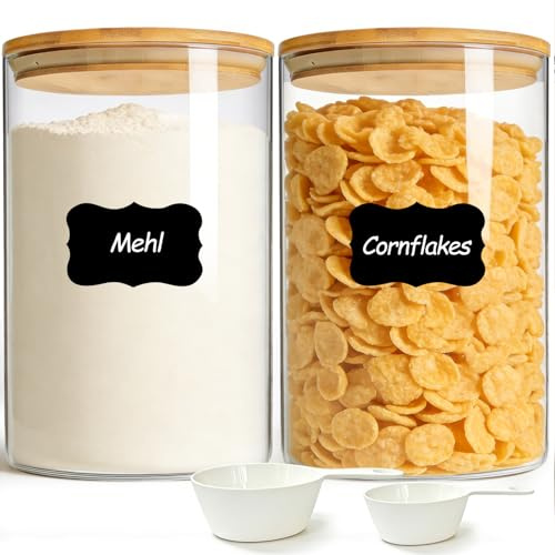 ComSaf förvaringsburkar i glas med bambulock, 3,8 L, 2-pack | kompakt rund form, ris, mjöl, spannmål, nötter, smidig förvaring, ordnad förvaring, för skafferi och kök