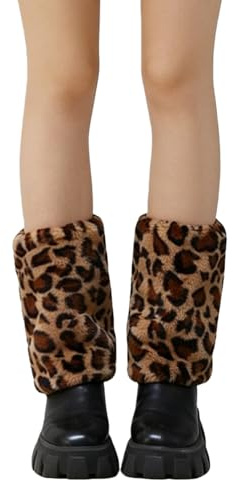 Leoparden Stulpen Damen 20cm Leopard Beinstulpen Beinwärmer Pelzigen Stulpen Leopardenmuster Warm Furry Kurz Fellstulpen Leoparden Kostüm Damen Accessoires für Karneval Fasching Cosplay Party Festival