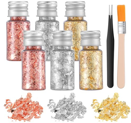 JJUNW 6Pcs Decorative Gold Leaf, Multifunction Gold Flakes Cake Decoration Baking Foil Decor with Plastic Tweezers&Brush for Cooking Dessert Decoration Crafts Makeup(Gold, Rose Gold, Silver)