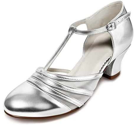 Asyusyu T Bar Latin Ballroom Dance Shoes for Women Closed Toe Character Shoes Women Low Heel-Silver, 6 UK