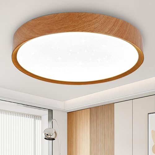 Aigostar Plafón LED Techo de Madera, Ø 33.7 cm, 20W, 2200LM, Efecto de Cielo Estrellado, 6500K Luz Fría, Redondo. Lámpara de techo interior para salón, cocina, dormitorio, pasillo, moderna