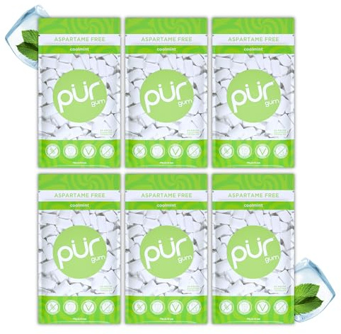 PUR Gum | Sugar Free Chewing Gum | Made with Xylitol | Vegan, Aspartame Free, Gluten Free and Keto Friendly | Natural Coolmint Flavoured Gum, 55 Pieces (Pack of 6)