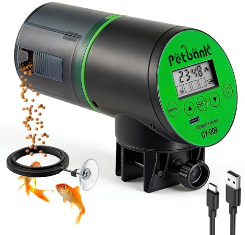 Petbank Automatic Aquarium Feeder - Rechargeable Timer with USB Charger Cable, Fish Feeder with LCD Display, Automatic Fish Food Dispenser,Green