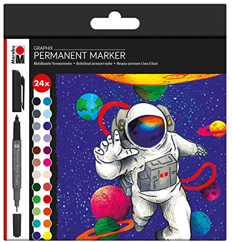 Marabu Marabu Lot de 24 marqueurs permanents Graphix Hero of Galaxy, avec double pointe de 1 à 2 mm et 0,5 mm, couleurs brillantes, encre à séchage rapide, sans odeur et imperméable à l'eau.