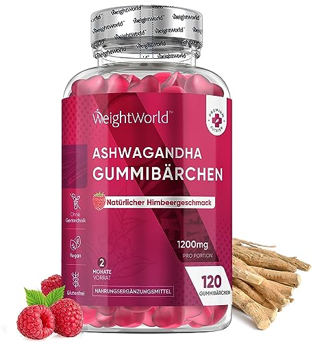 Ashwagandha Gommose 1200mg, 120 Caramelle Vegane, (2 Mesi di Fornitura), al Gusto Lampone, Gommose con Ashwagandha Polvere, Estratto 30:1 di Radice Withania Somnifera (Ginseng Indiano), Senza Glutine
