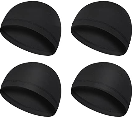 Yolev 4 Pieces Men Skull Caps Soft Cotton Beanie Sweat Wicking Helmet Liner Cycling Running Hat for Men Women Black