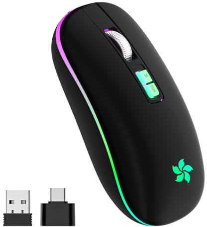 Kabellose Maus für Laptop, Bluetooth Mouse mit 3 DPI für Office Home, 2,4 Ghz Wiederaufladbare Maus Ergonomische 7-Farben RGB Kompatibel mit Windows Mac OS Android iPad(Schwarz)
