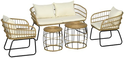 Outsunny 5 TLG. Rattan Gartenmöbel-Set, Sitzgruppe mit Kissen, Gartengarnitur mit 2 Couchtischen, 2 Sesseln, 1 Doppelsofa, Sitzgarnitur für Garten, Terrasse, Stahl, Beige